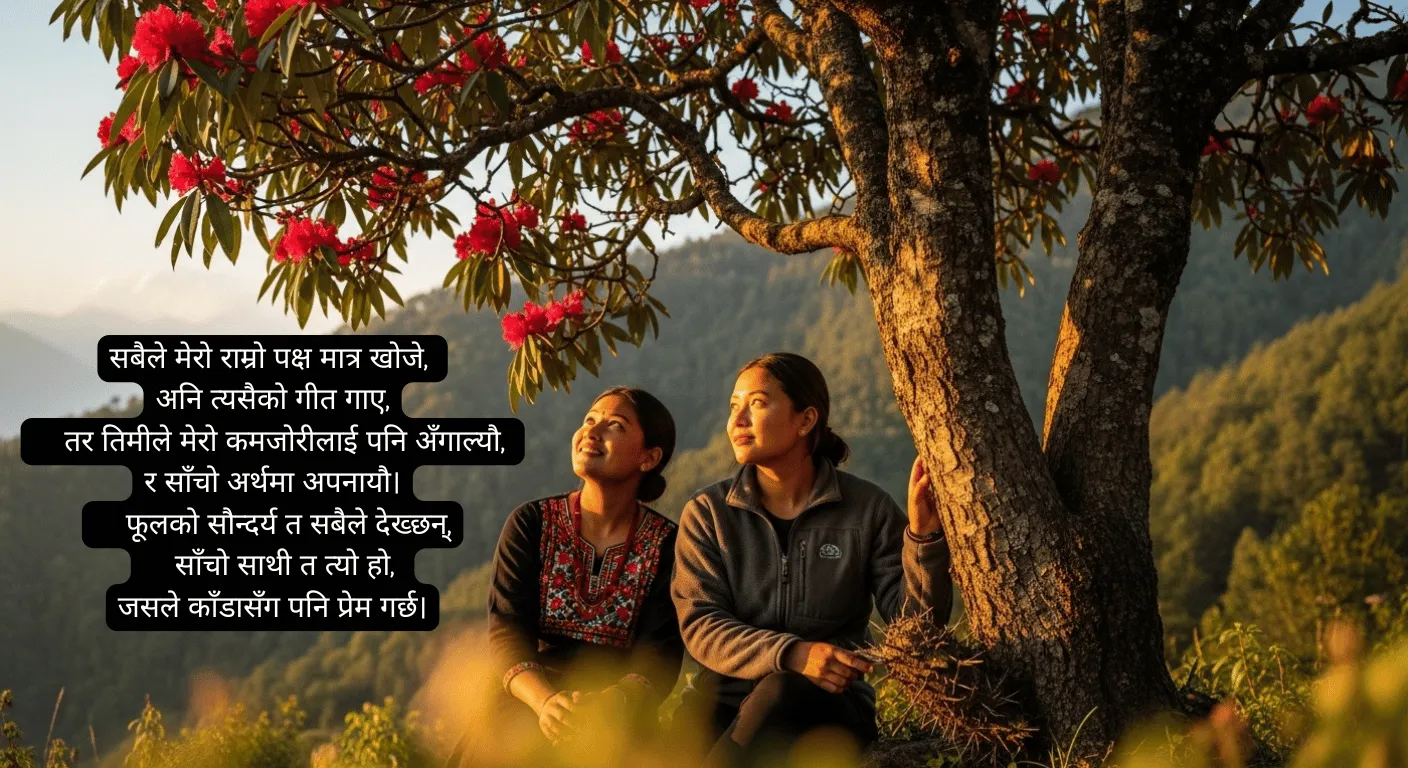 Two Nepali friends under a rhododendron tree in the hills, one admiring flowers and the other embracing the thorns, symbolizing loyalty beyond perfection