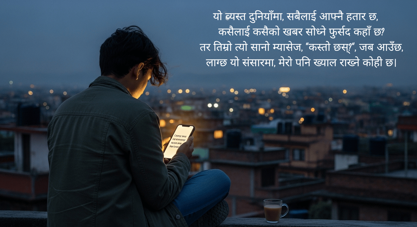 A Nepali friend sitting alone on a rooftop, comforted by a glowing phone message.
