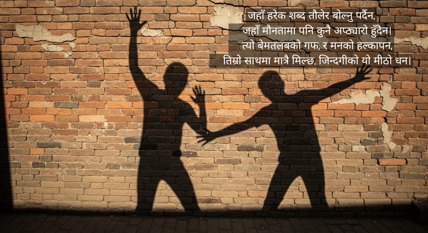 Shadows of two Nepali friends laughing on a brick wall in an old Nepali alley, symbolizing carefree and wordless friendship.