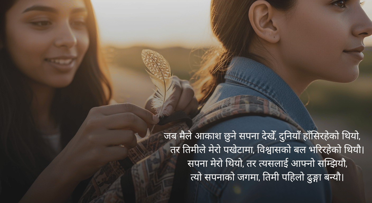 Close-up of a Nepali friend tying a feather to another’s backpack, symbolizing encouragement and belief in their dreams.